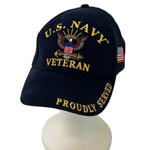 U.S. Navy Veteran Hat Cap Proudly Served Eagle Emblem Navy Blue Embroidered Adj